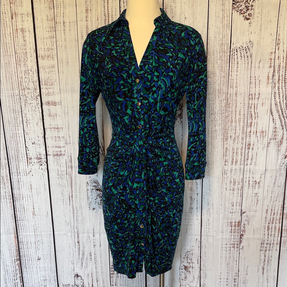 Cache Blue Green‎ Abstract Long-Sleeve Button Dress